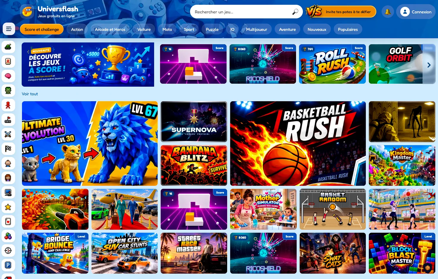 Universflash homepage game catalogue with game thumbnails