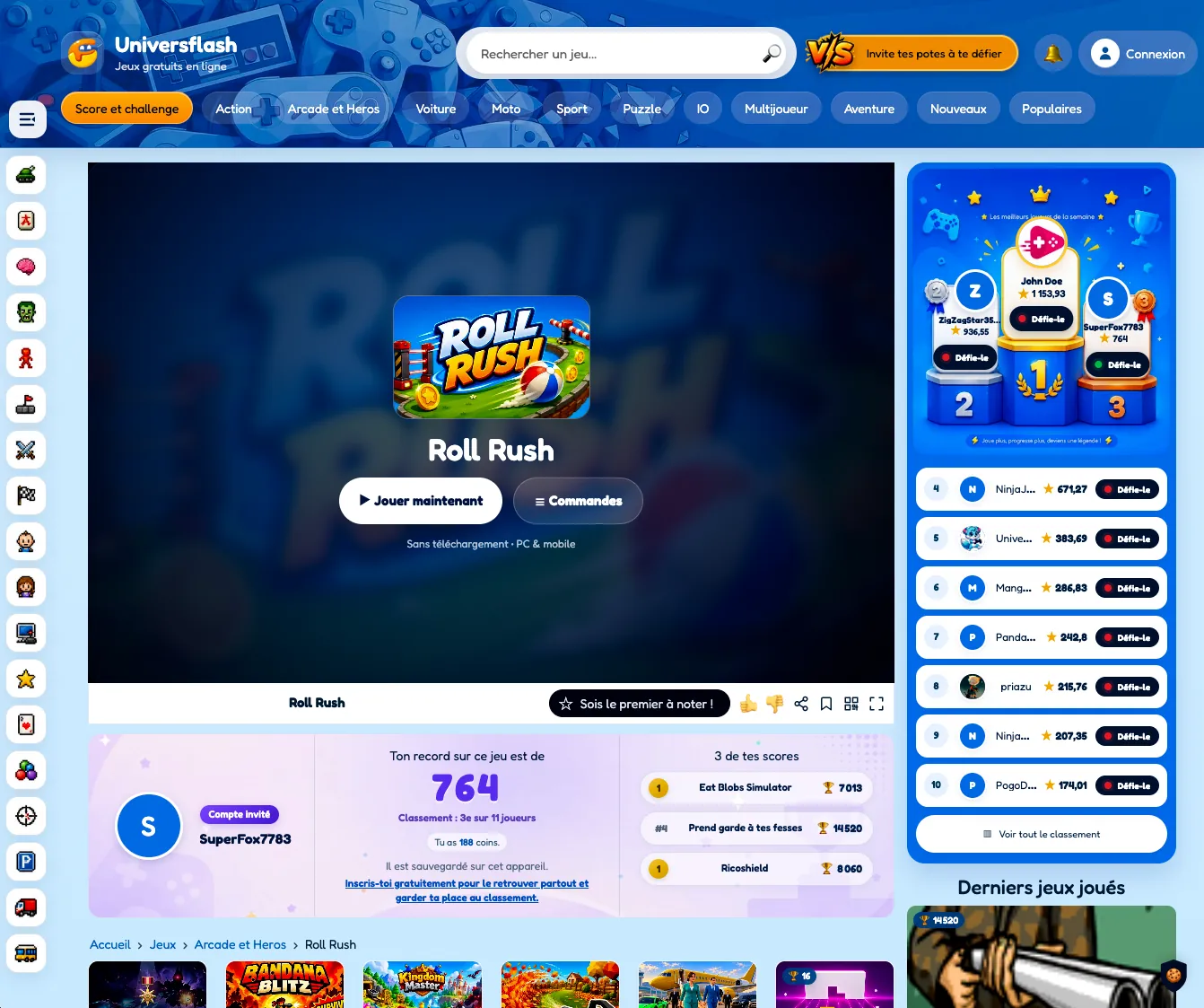 Roll Rush game page with personal score and leaderboards